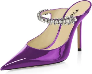FYS Women Slip on Pointed Toe Mules Bridal Sandals Stiletto High Heels Rhinestone Strappy Dress Wedding Party Prom Shoes Size 4-15 US