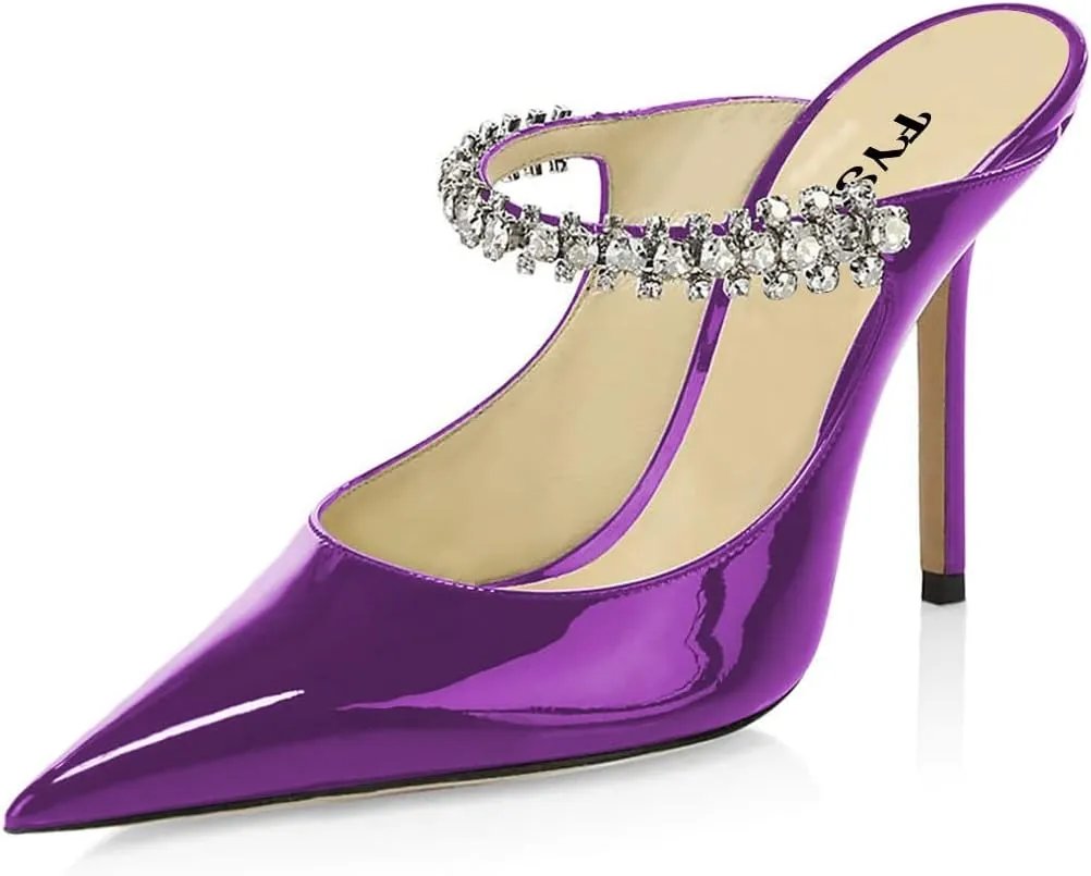 FYS Women Slip on Pointed Toe Mules Bridal Sandals Stiletto High Heels Rhinestone Strappy Dress Wedding Party Prom Shoes Size 4-15 US