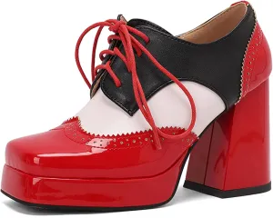Gicoiz Patent Oxford Women Office Work Lace Up Stylish Brogue Pumps