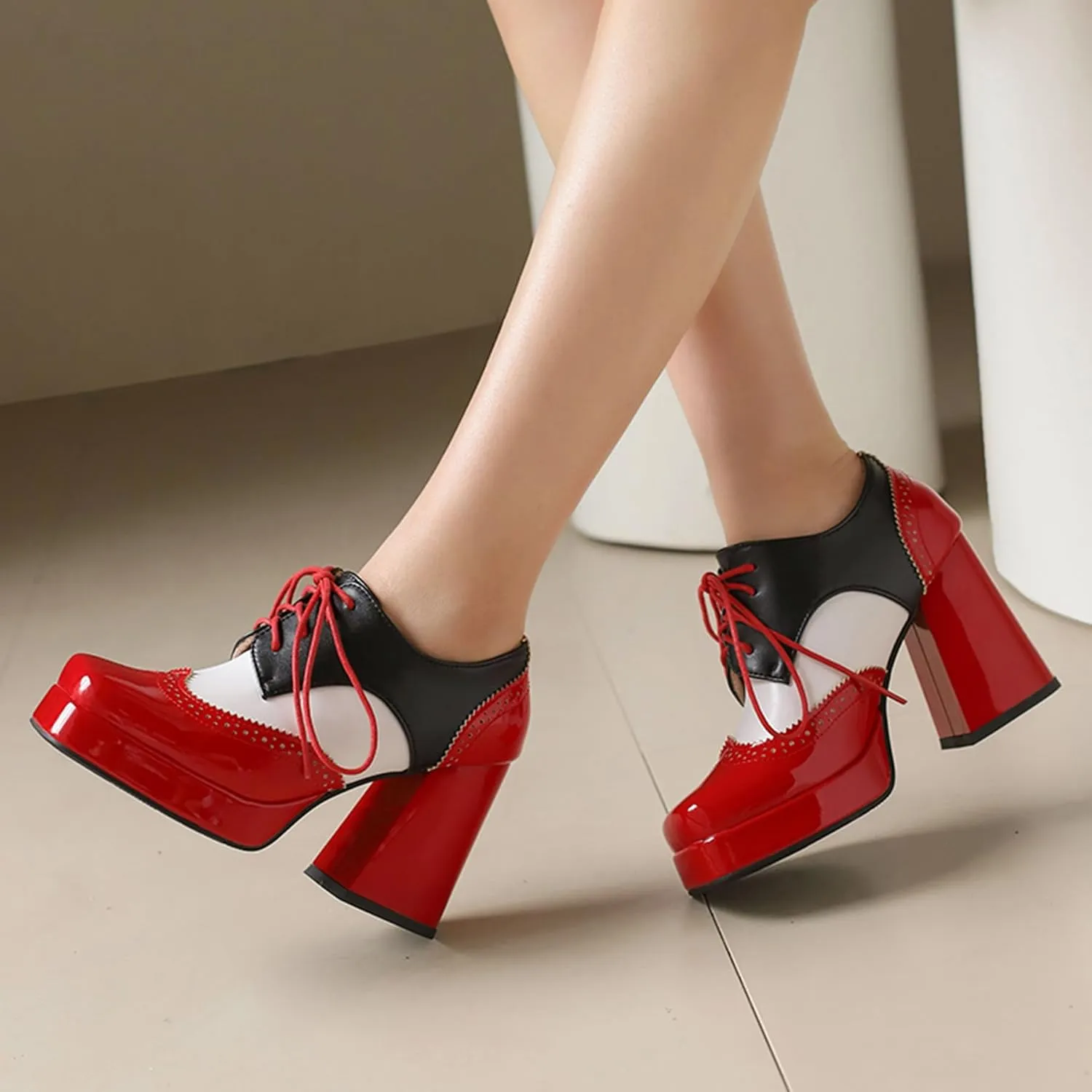 Gicoiz Patent Oxford Women Office Work Lace Up Stylish Brogue Pumps