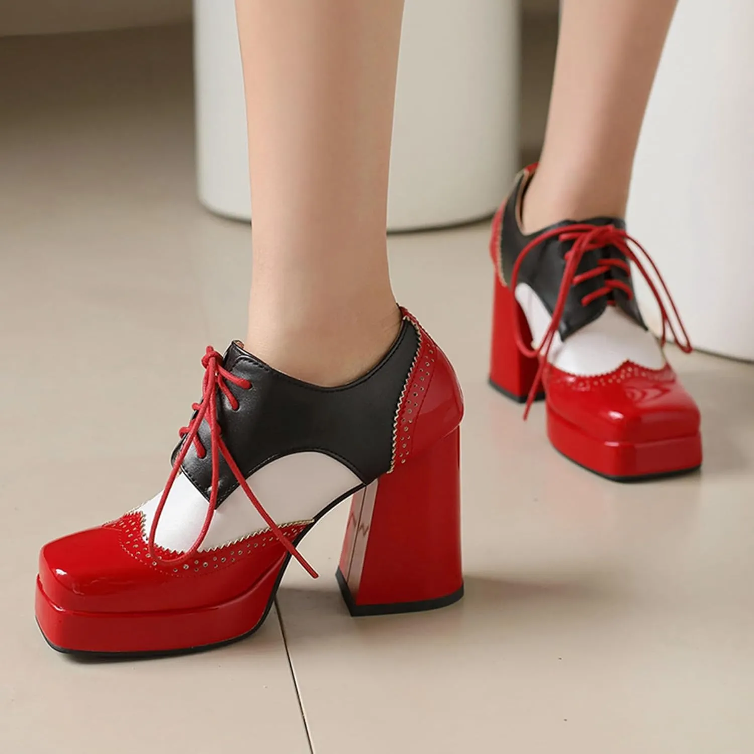 Gicoiz Patent Oxford Women Office Work Lace Up Stylish Brogue Pumps
