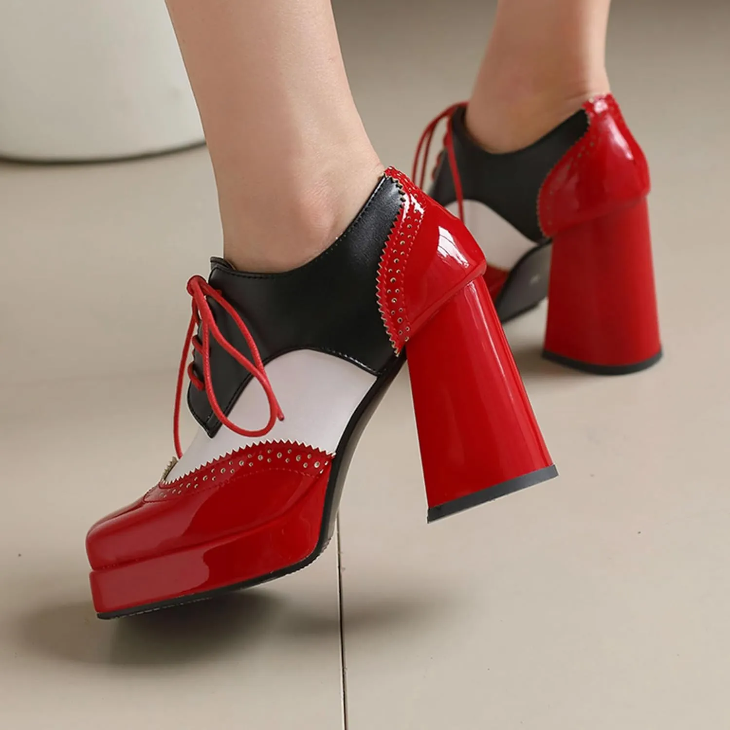 Gicoiz Patent Oxford Women Office Work Lace Up Stylish Brogue Pumps