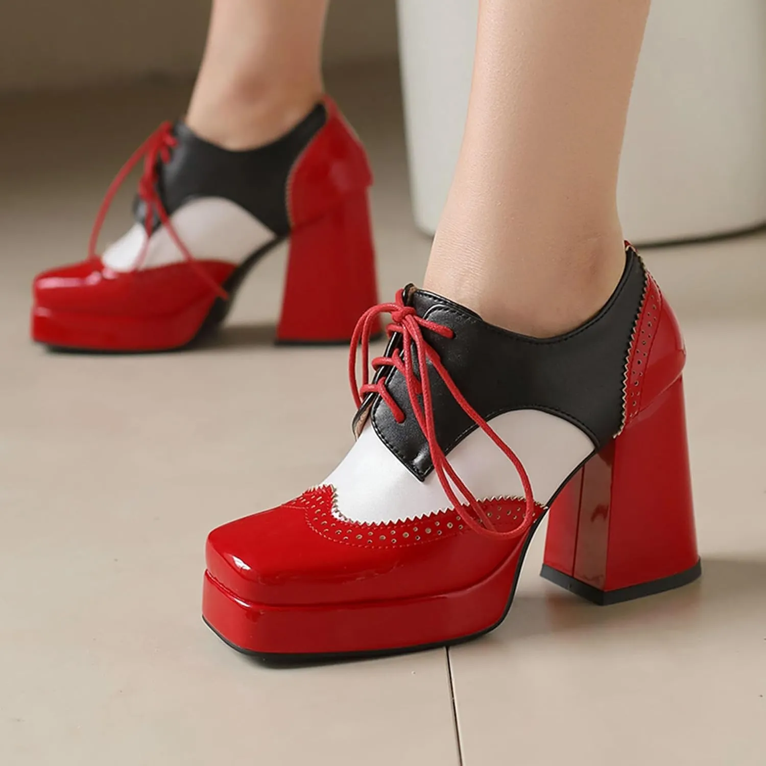 Gicoiz Patent Oxford Women Office Work Lace Up Stylish Brogue Pumps
