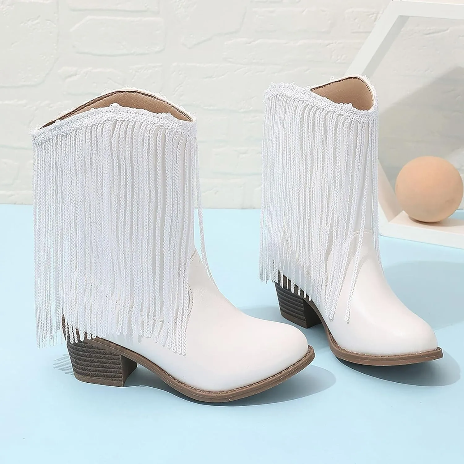 Girl's Cowgirl Boots Cowboy Fringe Western Boots Chunky Heel Tassel Mid Calf Boots Kids Pointed Toe Riding Boots