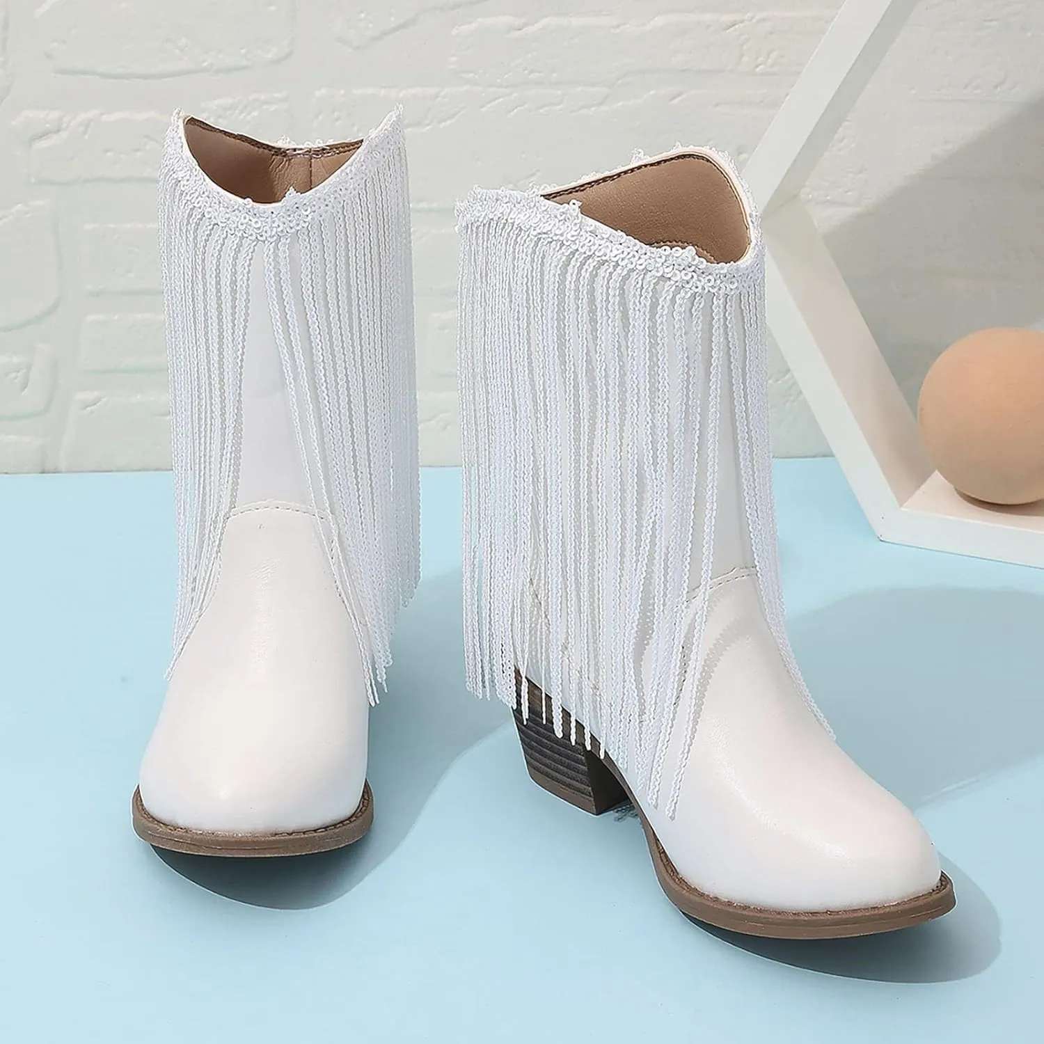 Girl's Cowgirl Boots Cowboy Fringe Western Boots Chunky Heel Tassel Mid Calf Boots Kids Pointed Toe Riding Boots