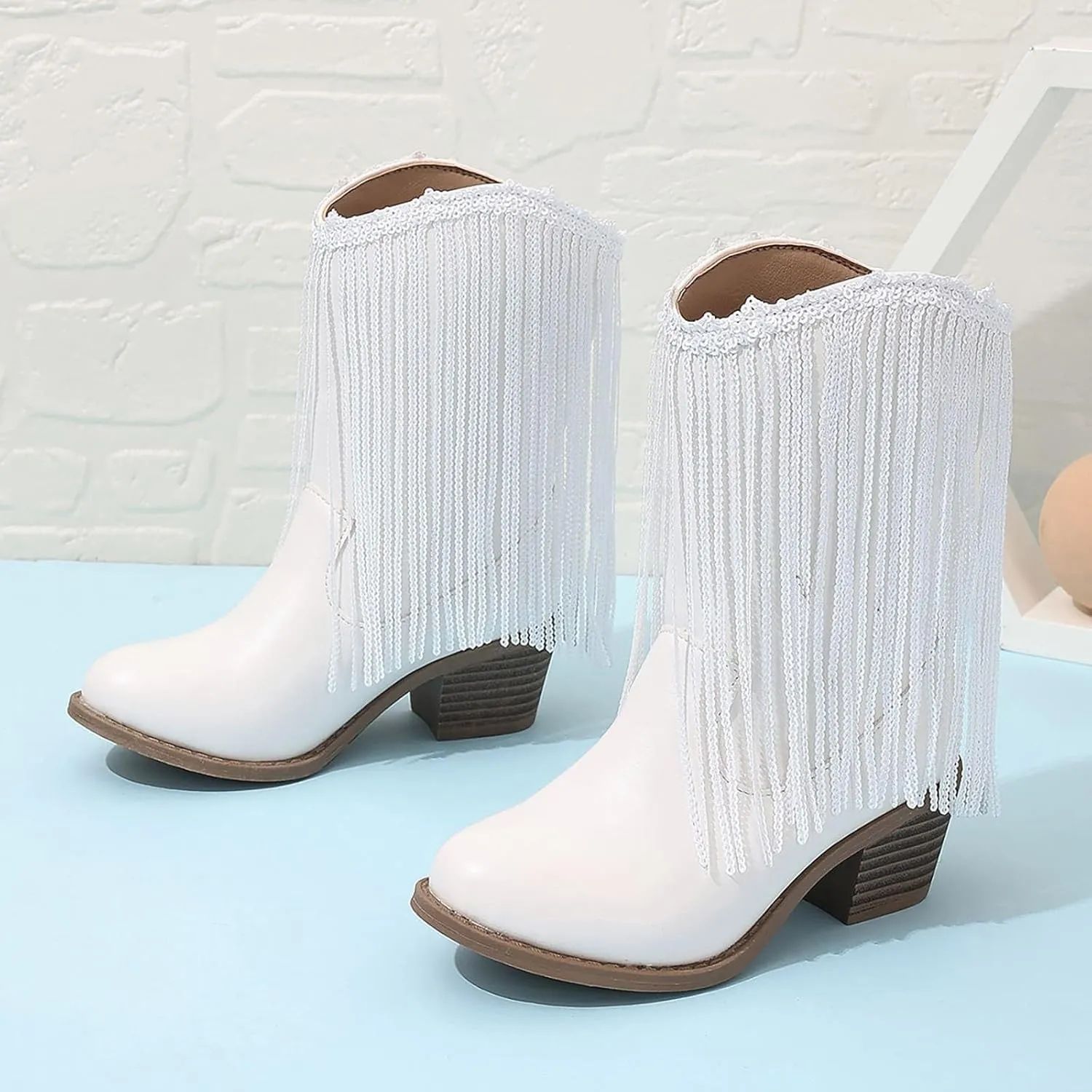 Girl's Cowgirl Boots Cowboy Fringe Western Boots Chunky Heel Tassel Mid Calf Boots Kids Pointed Toe Riding Boots