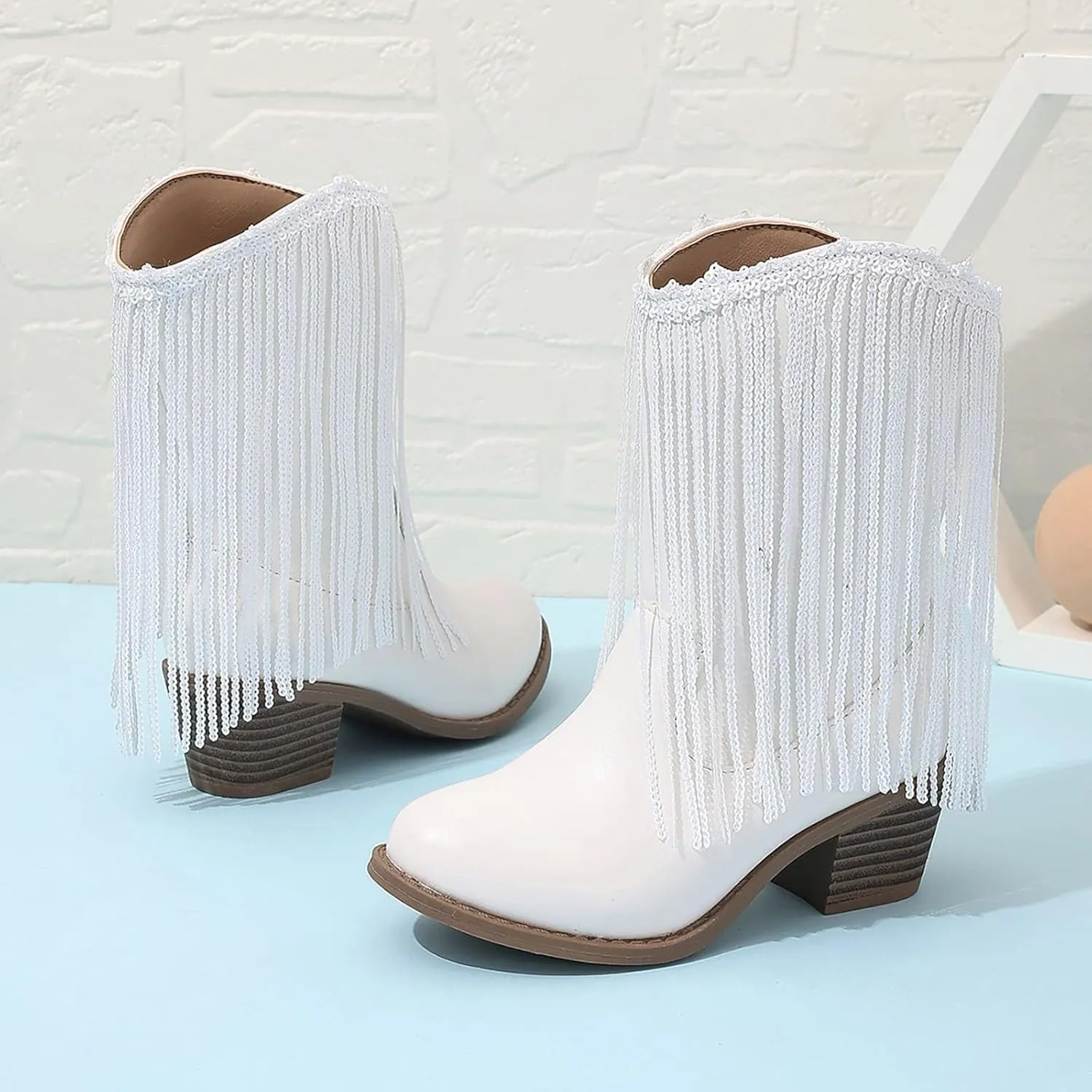 Girl's Cowgirl Boots Cowboy Fringe Western Boots Chunky Heel Tassel Mid Calf Boots Kids Pointed Toe Riding Boots