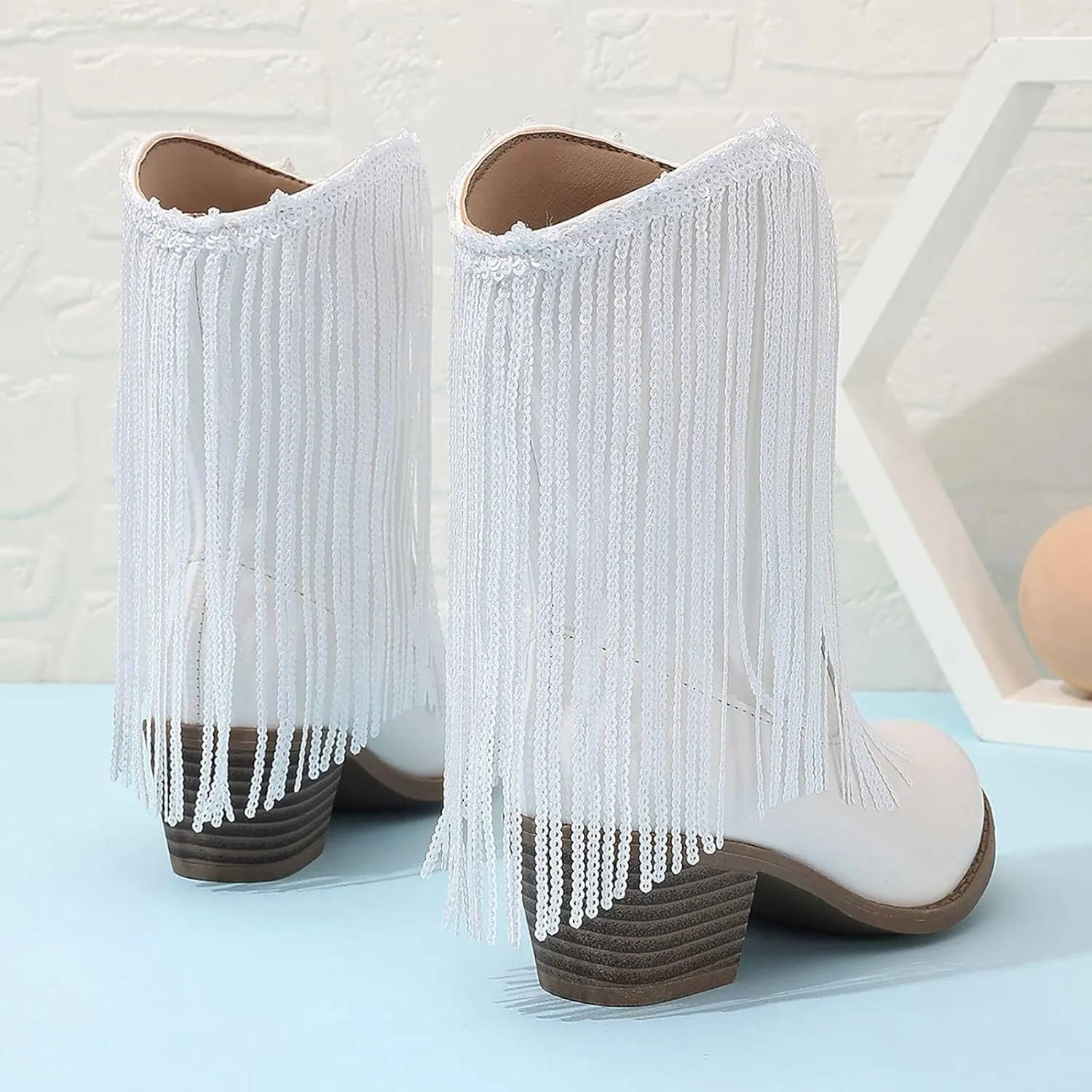 Girl's Cowgirl Boots Cowboy Fringe Western Boots Chunky Heel Tassel Mid Calf Boots Kids Pointed Toe Riding Boots