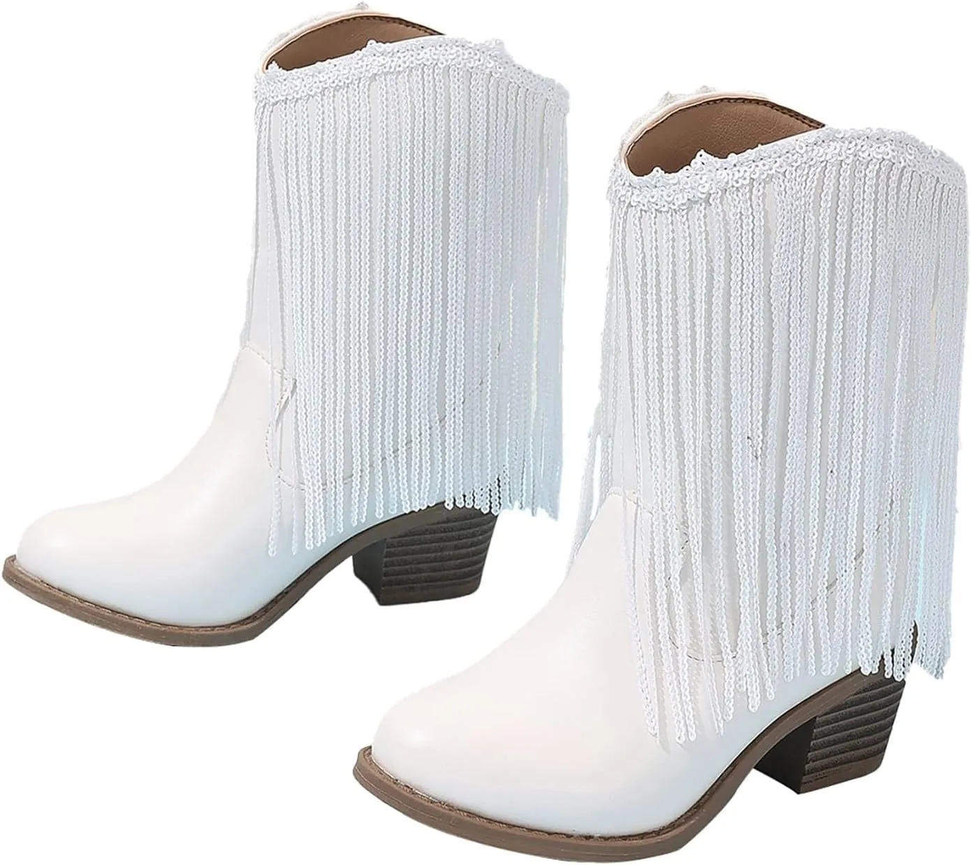 Girl's Cowgirl Boots Cowboy Fringe Western Boots Chunky Heel Tassel Mid Calf Boots Kids Pointed Toe Riding Boots