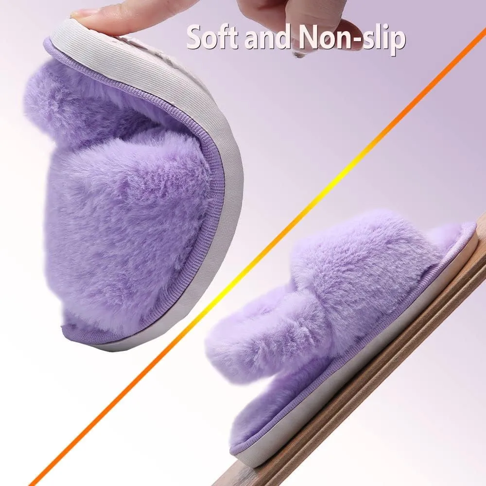 Girl's Fuzzy Fluffy Furry Slippers Cross Band Shoes Slides for Girls Fur Flip Flop Open Toe Slippers