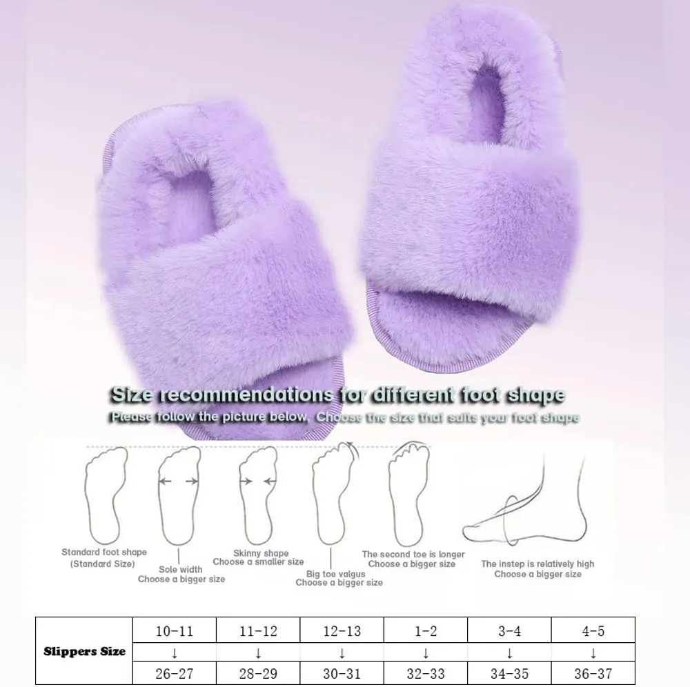 Girl's Fuzzy Fluffy Furry Slippers Cross Band Shoes Slides for Girls Fur Flip Flop Open Toe Slippers