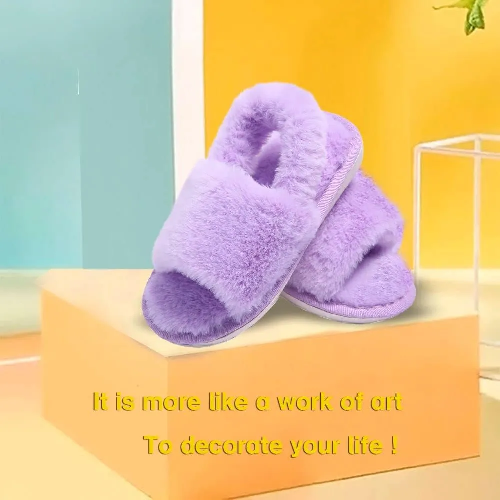 Girl's Fuzzy Fluffy Furry Slippers Cross Band Shoes Slides for Girls Fur Flip Flop Open Toe Slippers