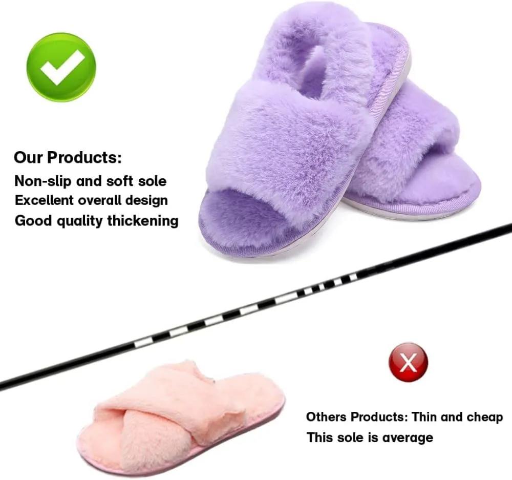 Girl's Fuzzy Fluffy Furry Slippers Cross Band Shoes Slides for Girls Fur Flip Flop Open Toe Slippers