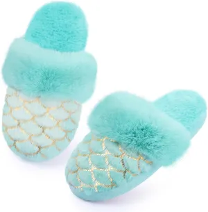 Girls Plush House Slippers Fluffy Multicolor Mermaid Slippers, Cute Faux Fur Slip-on Shoes Memory Foam House Slipper