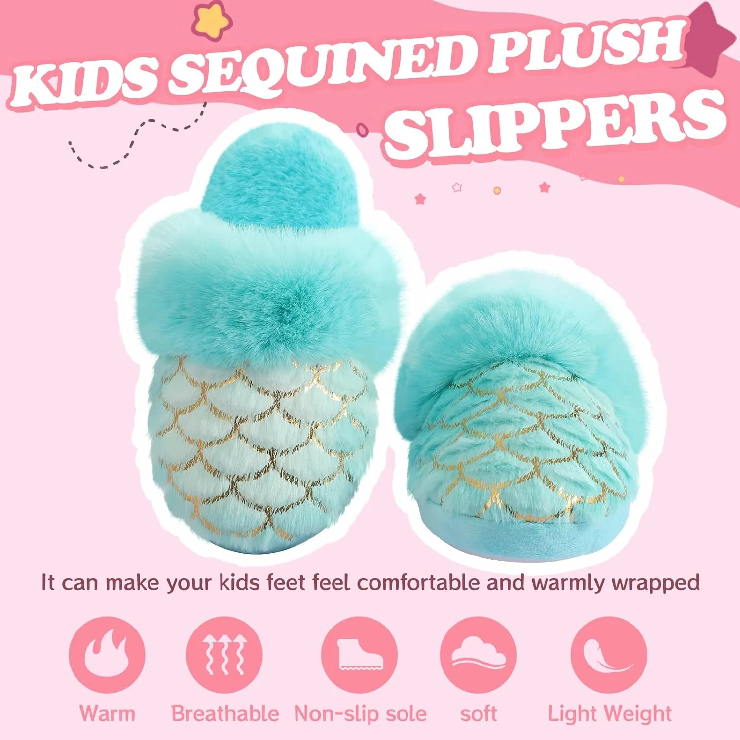 Girls Plush House Slippers Fluffy Multicolor Mermaid Slippers, Cute Faux Fur Slip-on Shoes Memory Foam House Slipper
