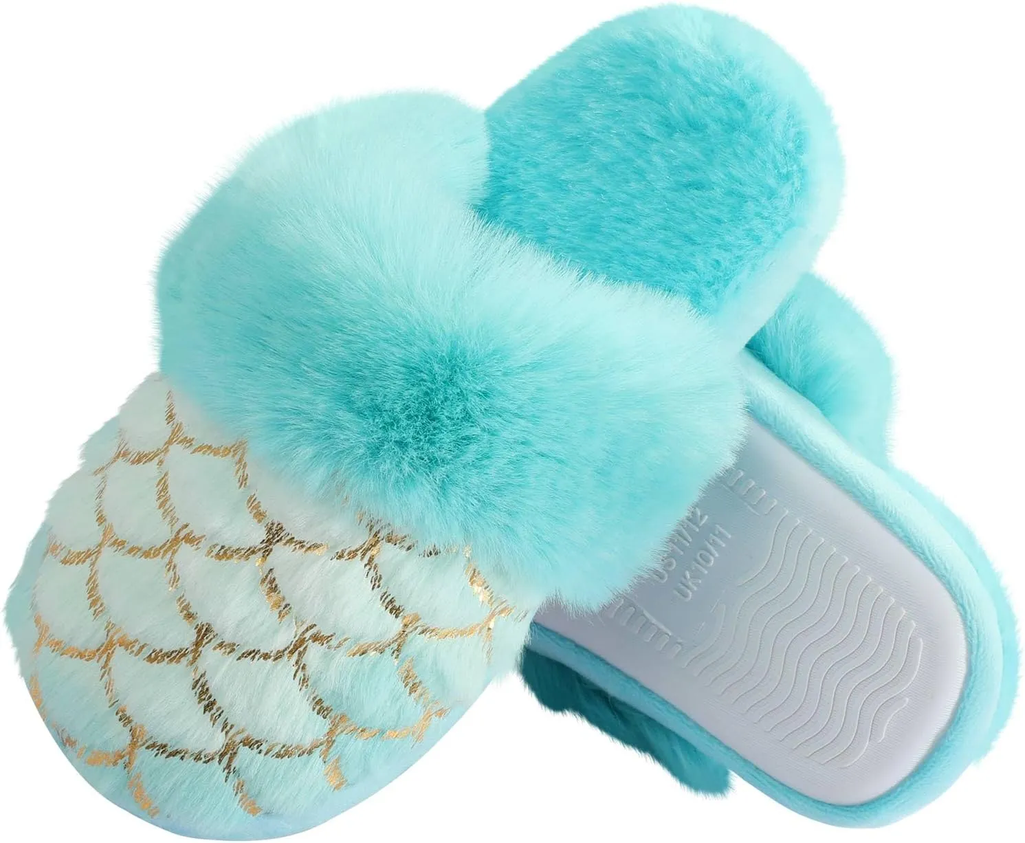 Girls Plush House Slippers Fluffy Multicolor Mermaid Slippers, Cute Faux Fur Slip-on Shoes Memory Foam House Slipper