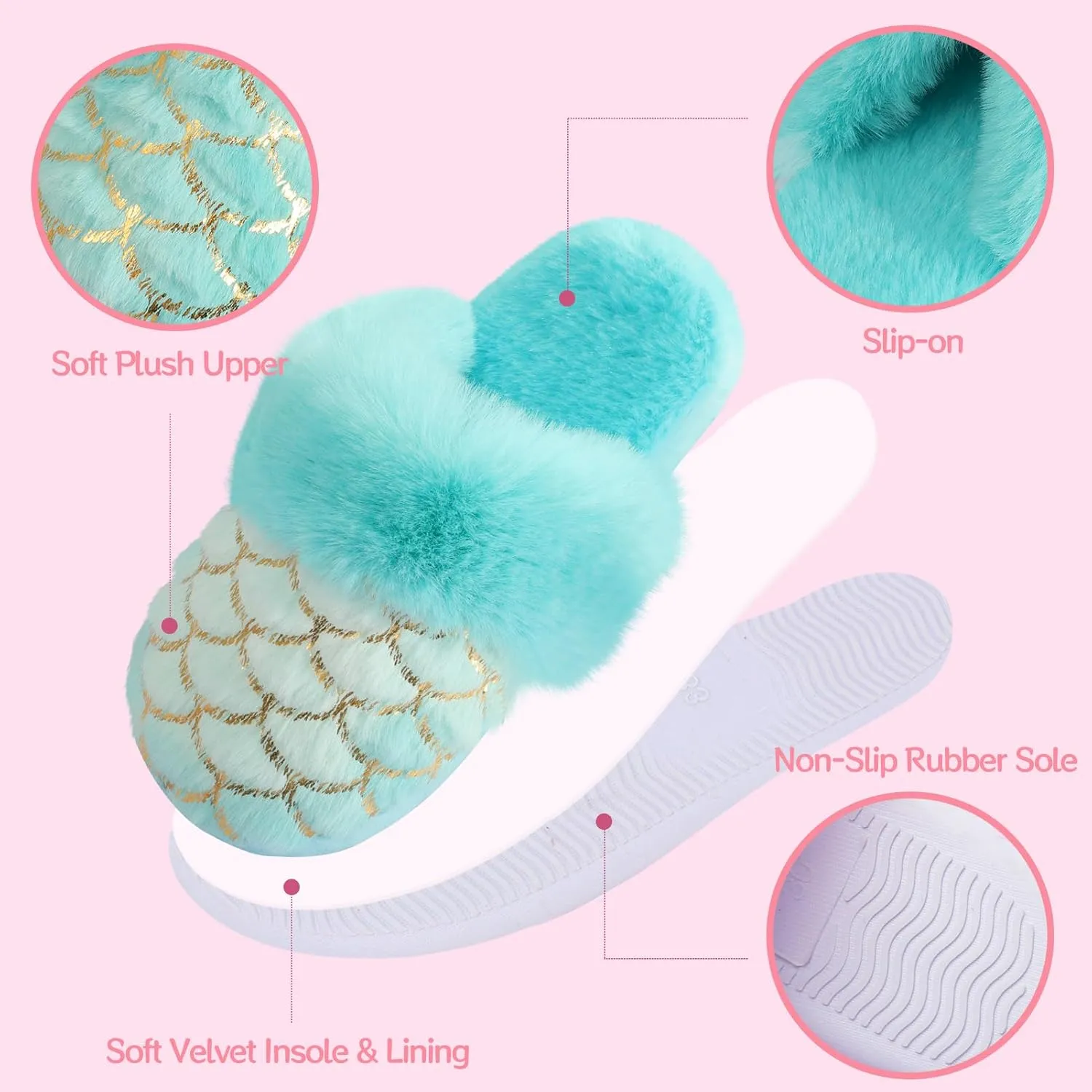 Girls Plush House Slippers Fluffy Multicolor Mermaid Slippers, Cute Faux Fur Slip-on Shoes Memory Foam House Slipper