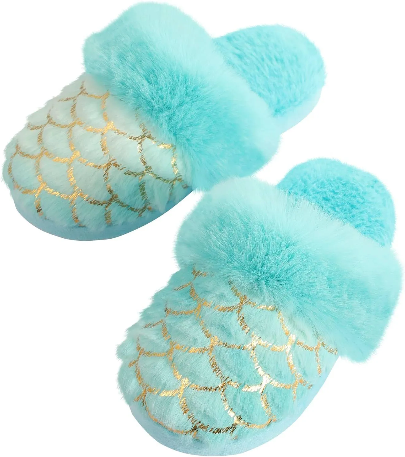 Girls Plush House Slippers Fluffy Multicolor Mermaid Slippers, Cute Faux Fur Slip-on Shoes Memory Foam House Slipper