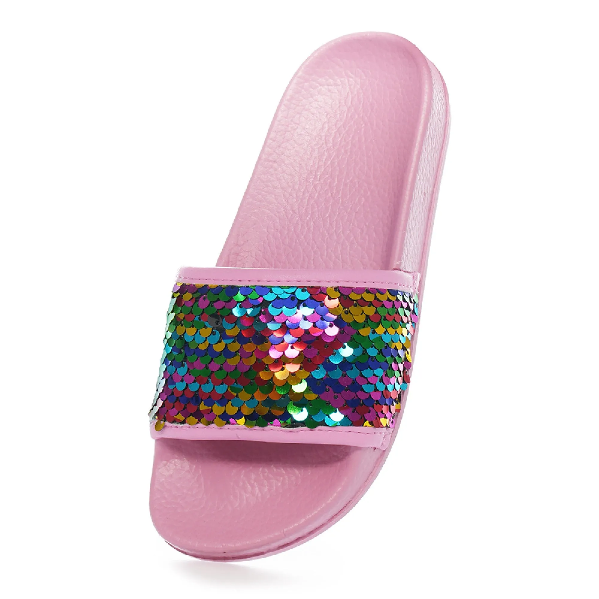 Girls Rainbow Pink Sequin Pool Slider Beach Sandals