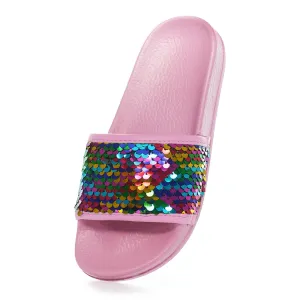 Girls Rainbow Pink Sequin Pool Slider Beach Sandals