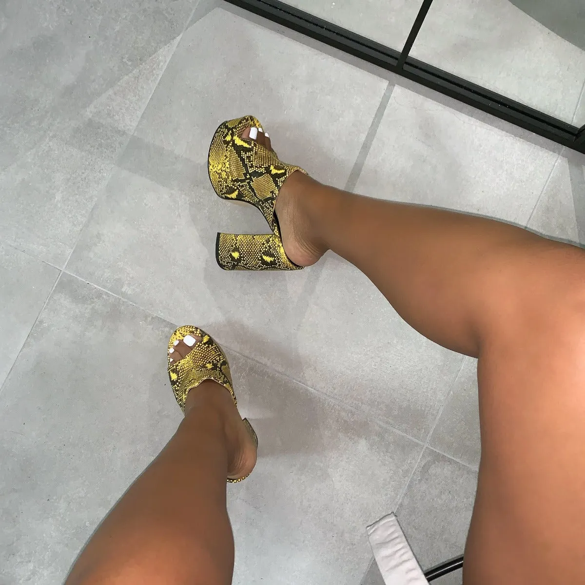 Giselle Yellow Snake Print Platform Mules
