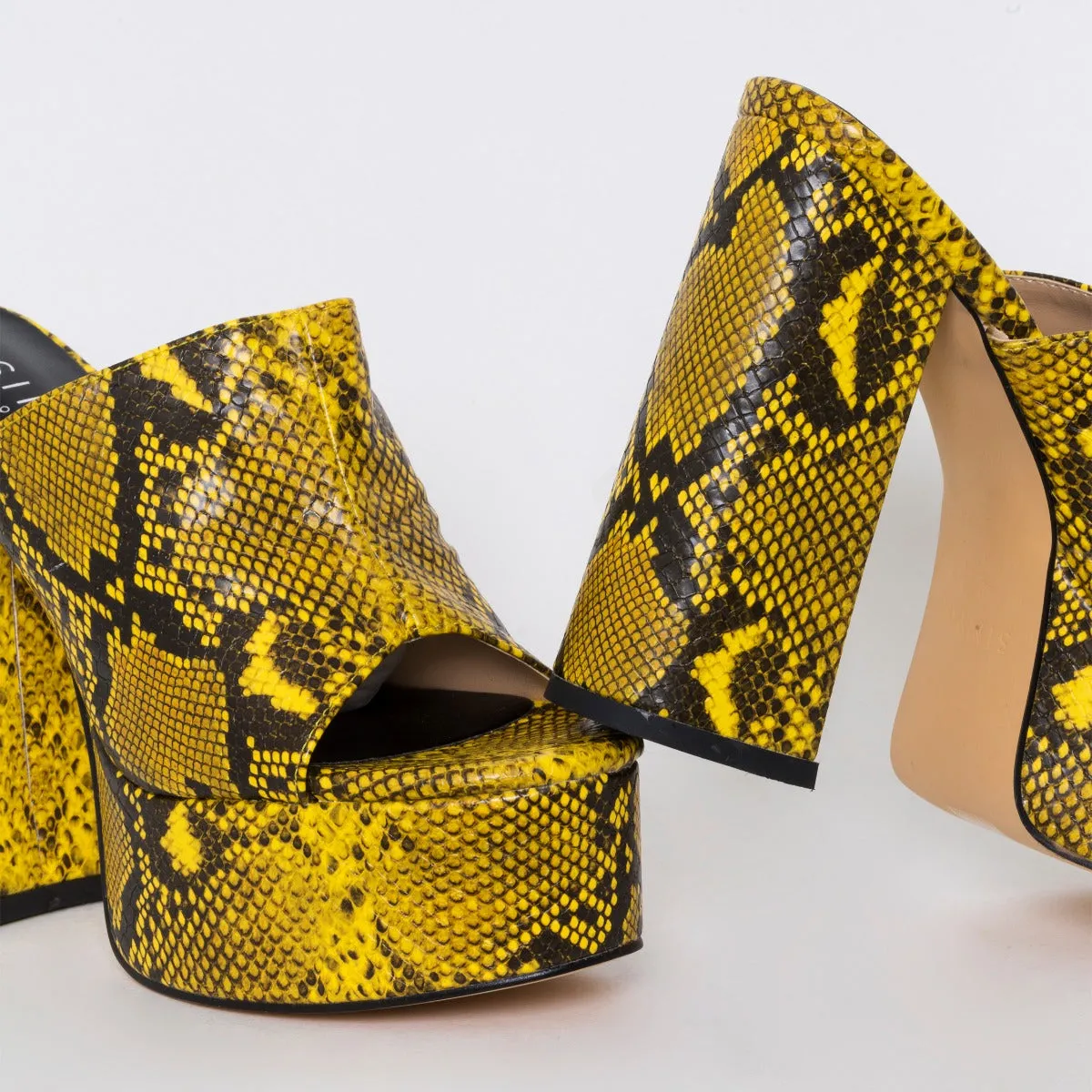 Giselle Yellow Snake Print Platform Mules