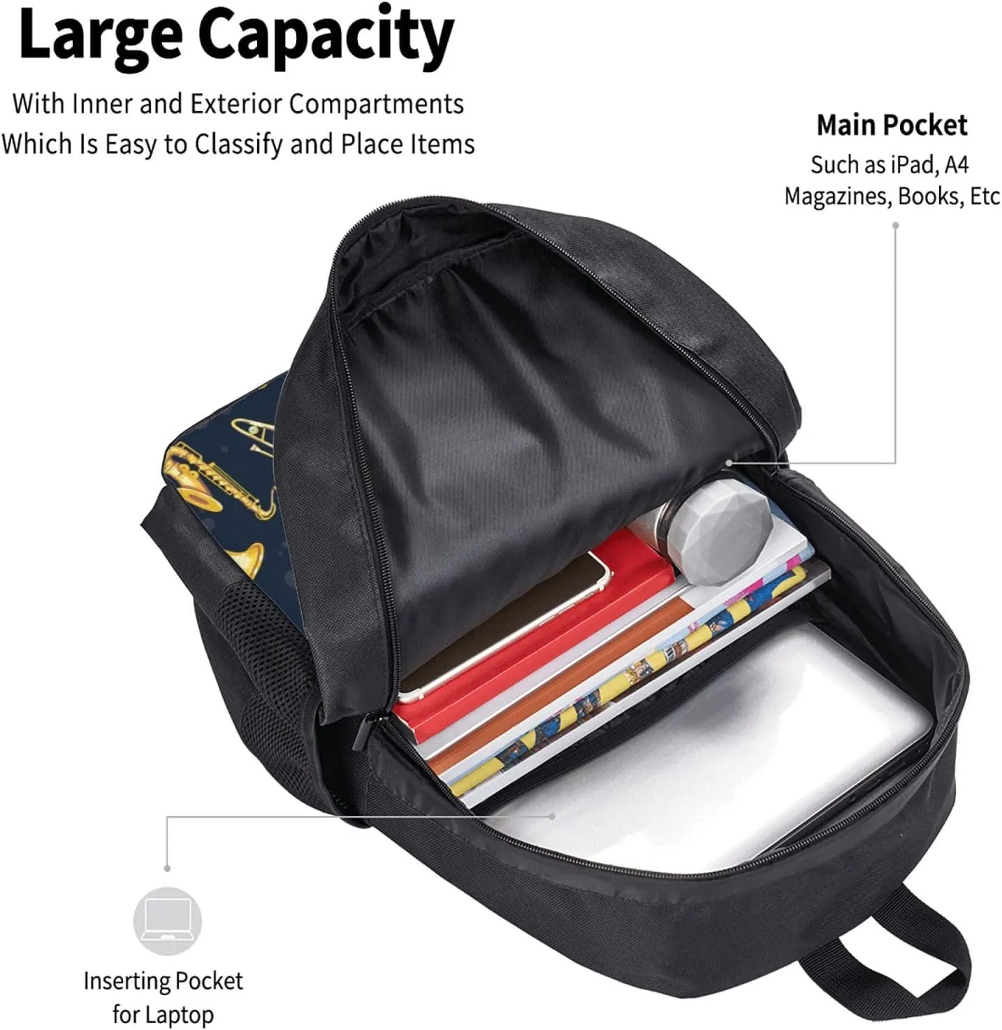 Golden Woodwind Instrument Backpack Minimalist Large Capacity Backpack 16.5 inch Leisure Travel Daypack
