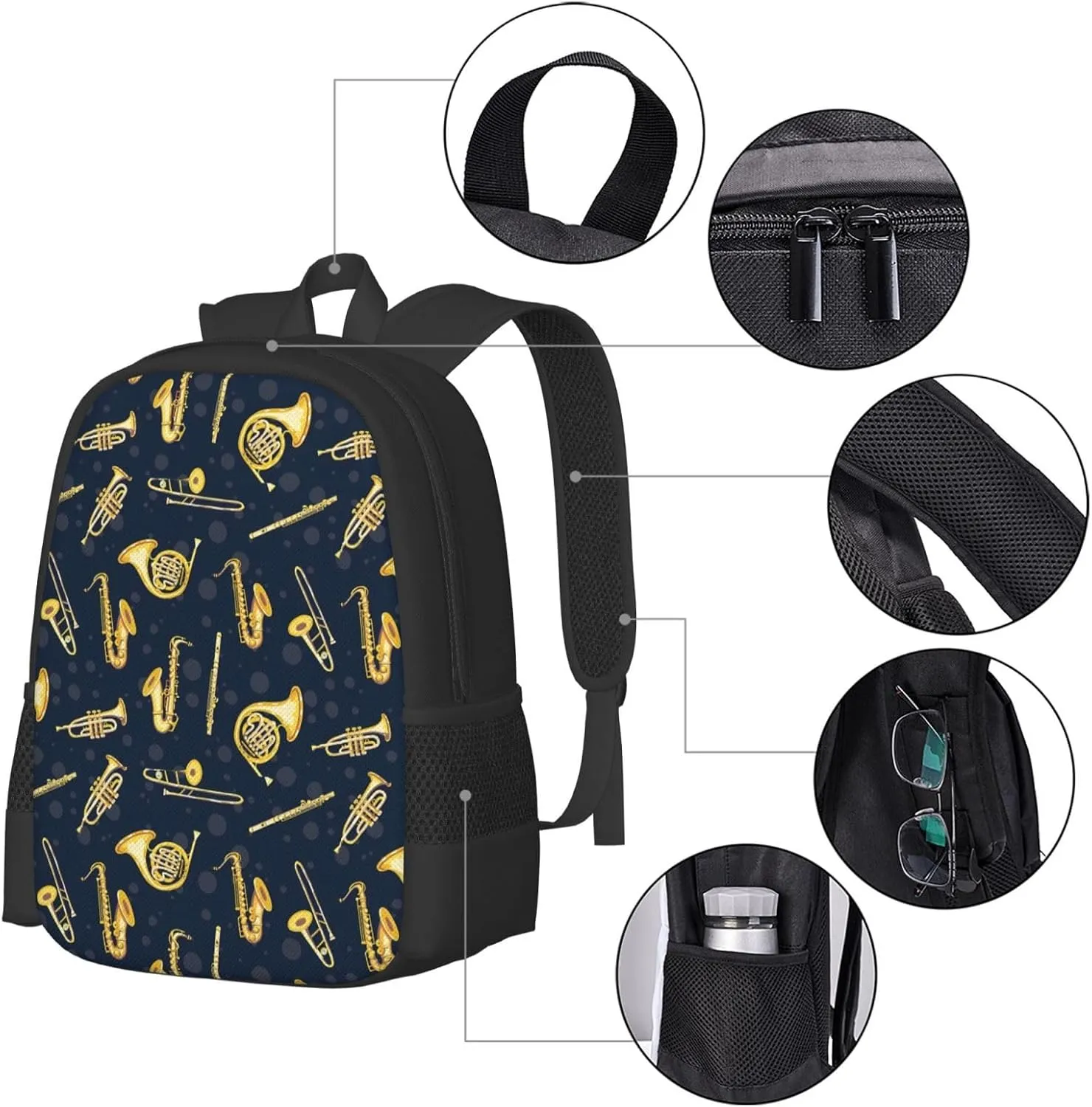 Golden Woodwind Instrument Backpack Minimalist Large Capacity Backpack 16.5 inch Leisure Travel Daypack
