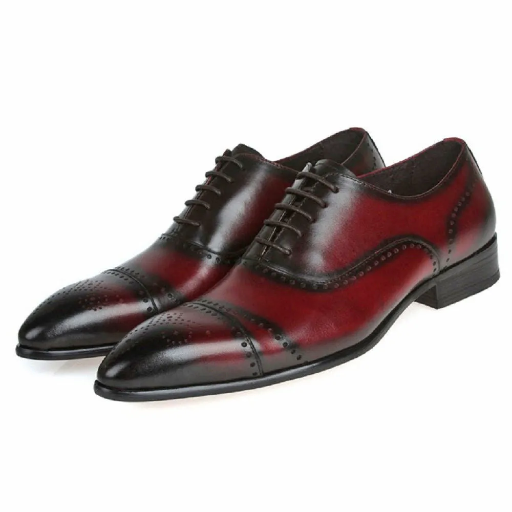 Handmade Red Wine Brogue Oxford Leather Dress Shoes