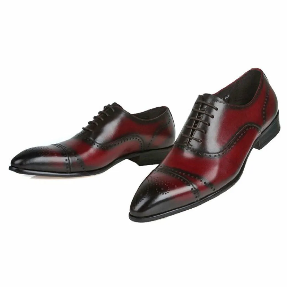 Handmade Red Wine Brogue Oxford Leather Dress Shoes