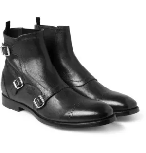 Handmade Trippel Buckle Black Ankle Boots for Men