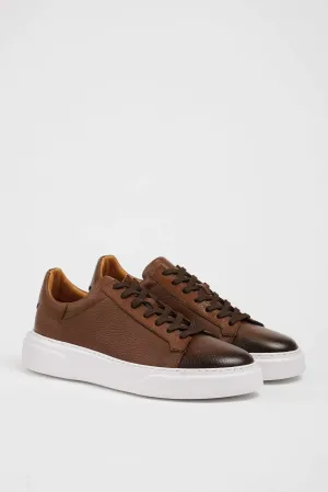 HolloShoe Brown Grained Leather Low-Top Sneakers