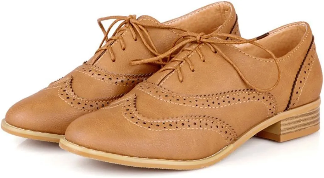 Inornever Womens Brogue Oxfords Fashion Low Flat Heel Lace Up Carving Wingtip Vintage Dress Shoes