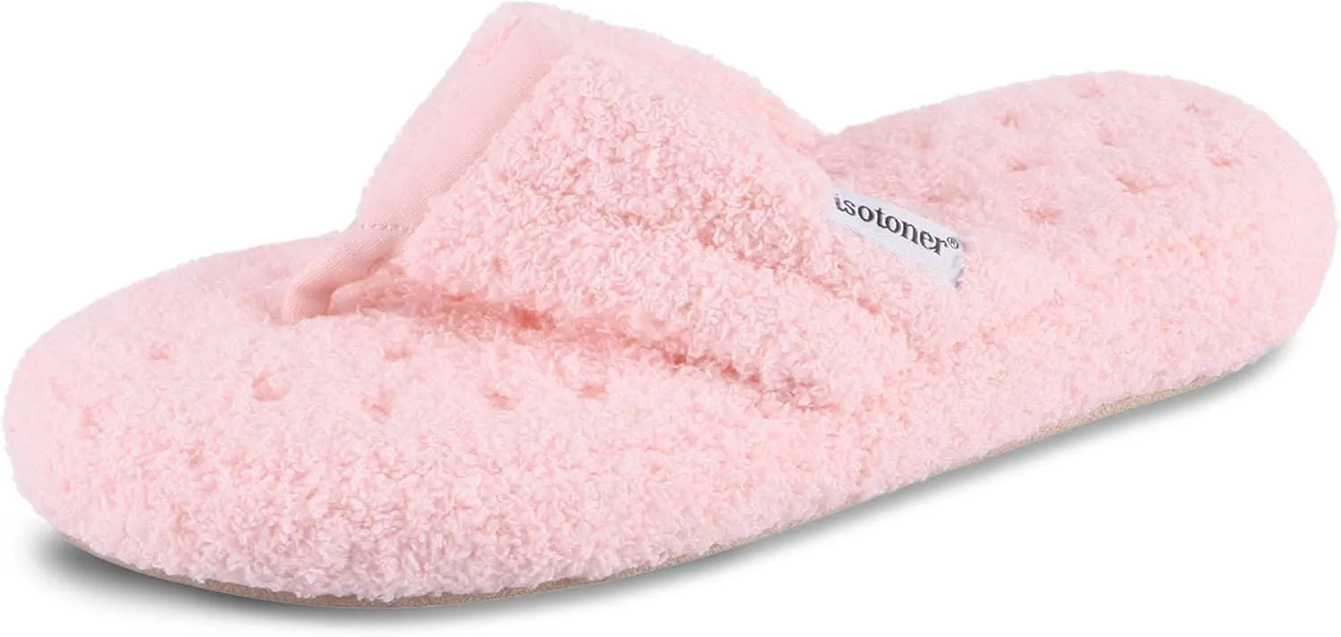 isotoner Women's Cozy Plush Terry Knit Joey Thong Slippers with Enhanced Heel Cushion