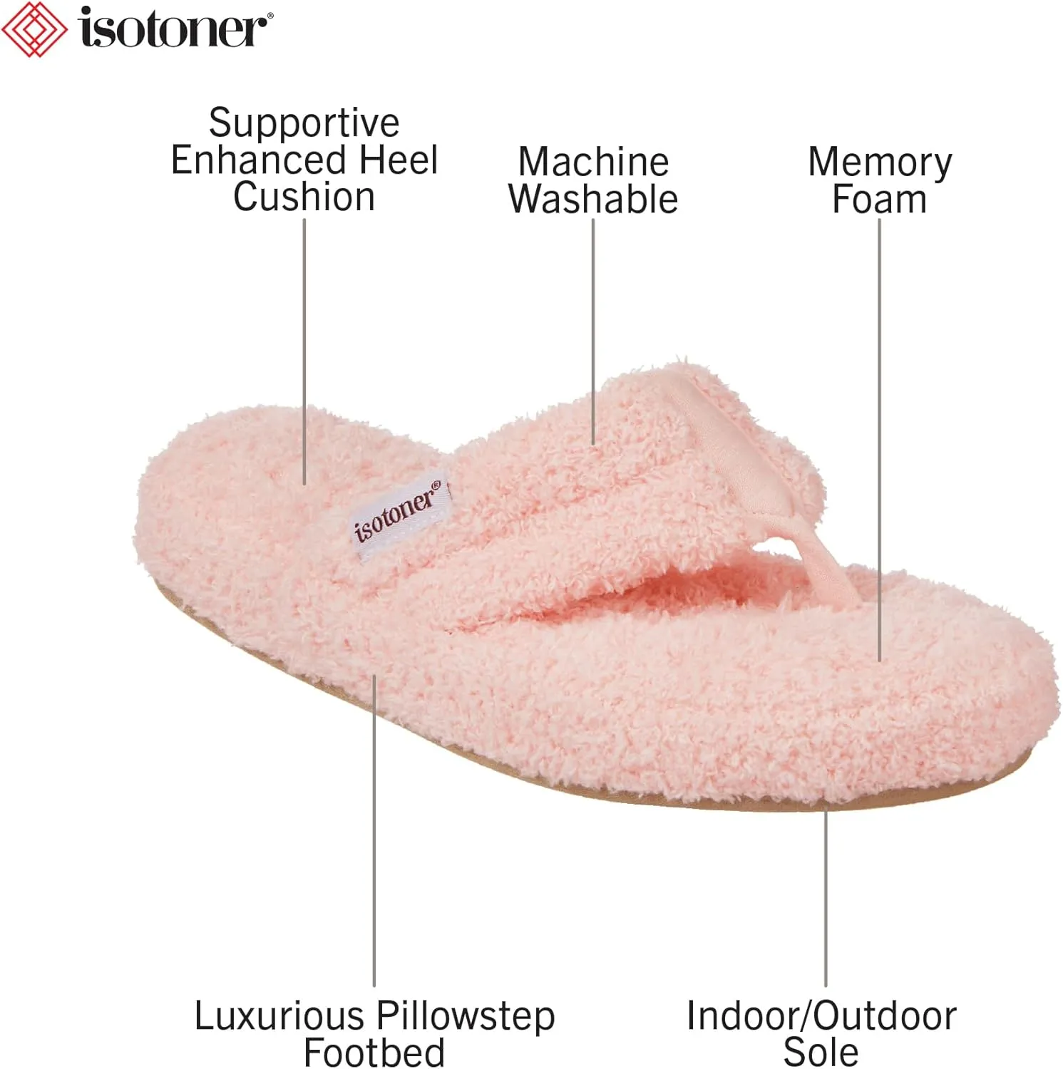 isotoner Women's Cozy Plush Terry Knit Joey Thong Slippers with Enhanced Heel Cushion