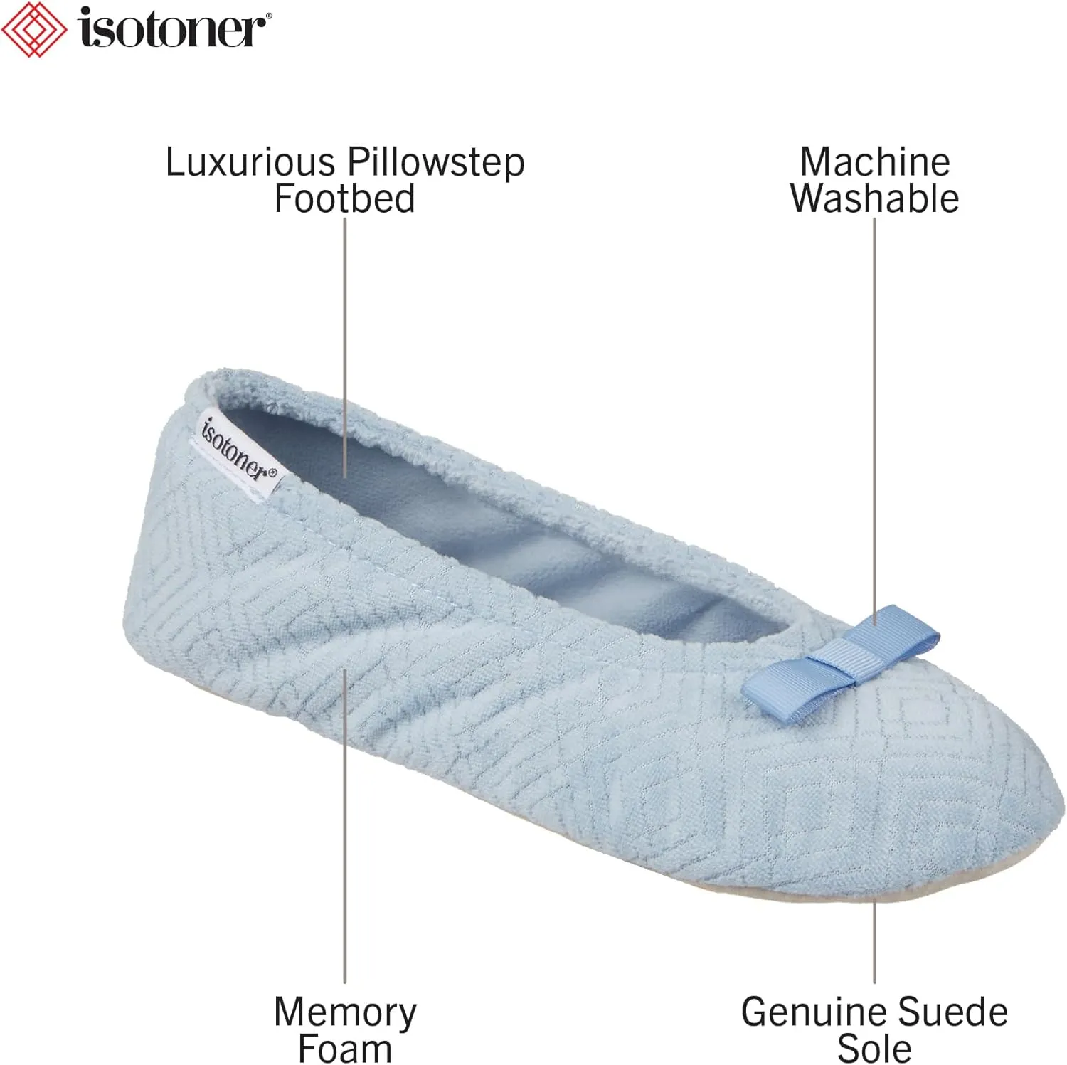 isotoner Women's Diamond Microterry Gemma Ballerina Slippers-Suede Sole with Memory Foam Comfort, Machine Washable