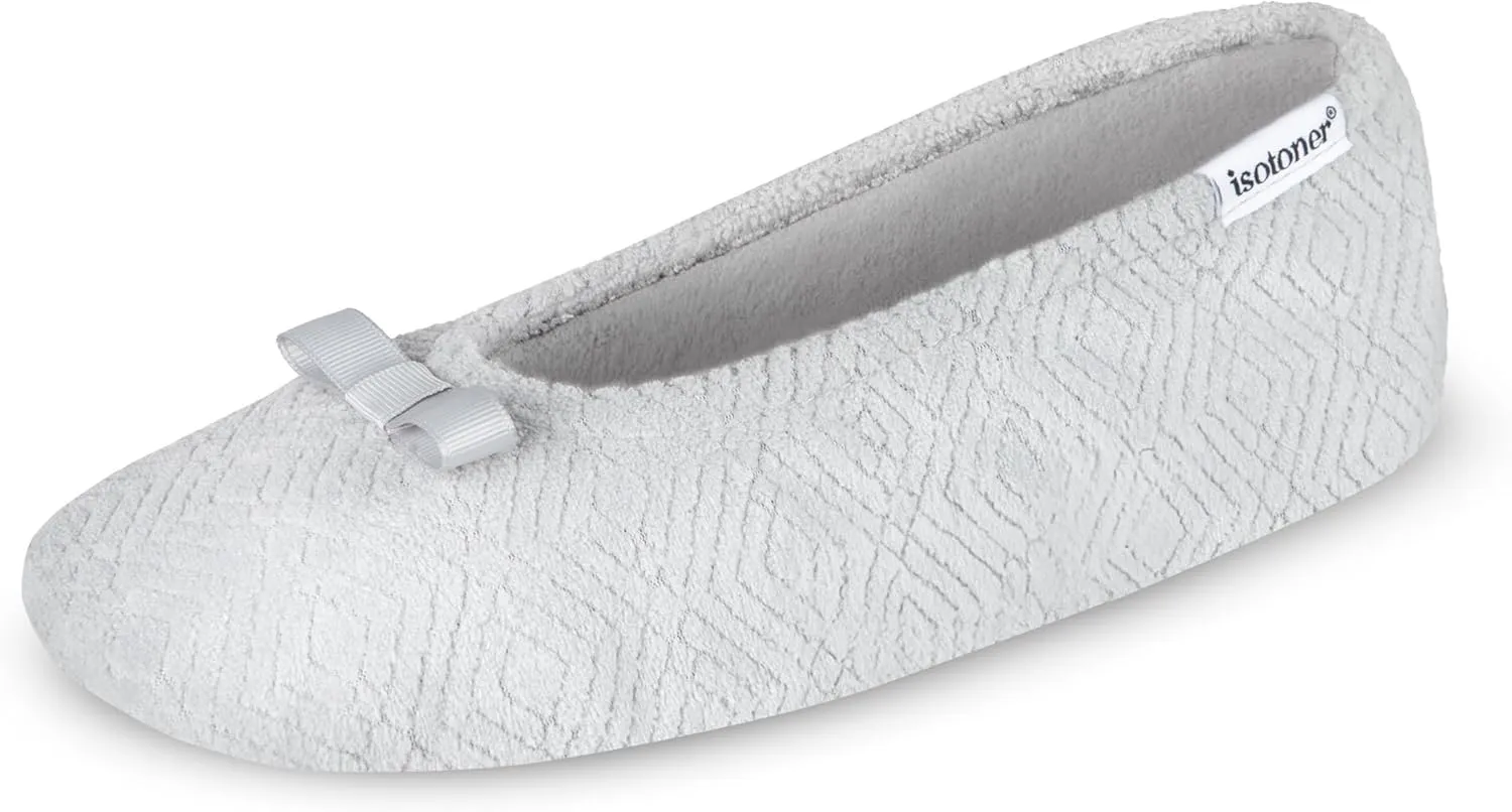 isotoner Women's Diamond Microterry Gemma Ballerina Slippers-Suede Sole with Memory Foam Comfort, Machine Washable