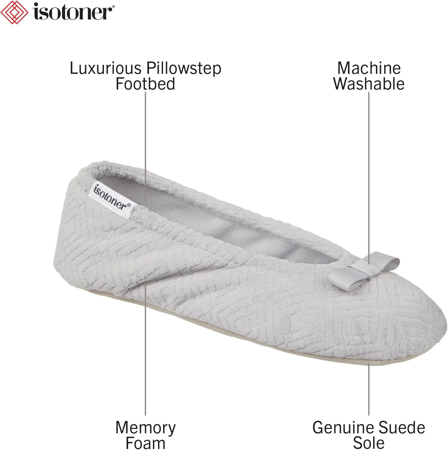 isotoner Women's Diamond Microterry Gemma Ballerina Slippers-Suede Sole with Memory Foam Comfort, Machine Washable