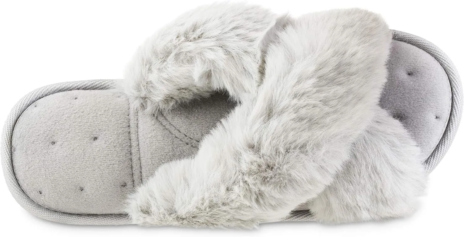 isotoner Women's Fuzzy Slipper, Cozy Open Toe Flip-Flop with a Furry Cross Band and Plush Fluffy Terry Cushion