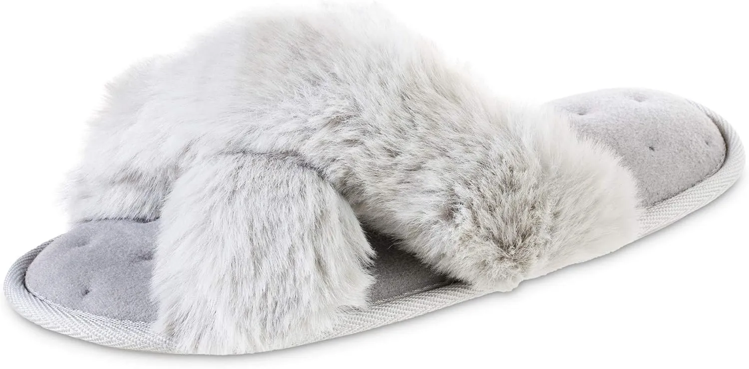 isotoner Women's Fuzzy Slipper, Cozy Open Toe Flip-Flop with a Furry Cross Band and Plush Fluffy Terry Cushion
