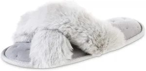 isotoner Women's Fuzzy Slipper, Cozy Open Toe Flip-Flop with a Furry Cross Band and Plush Fluffy Terry Cushion