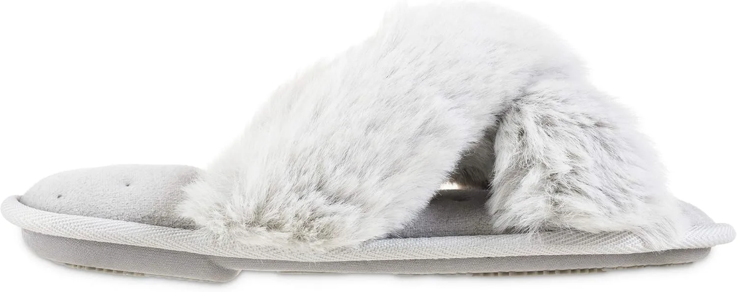 isotoner Women's Fuzzy Slipper, Cozy Open Toe Flip-Flop with a Furry Cross Band and Plush Fluffy Terry Cushion