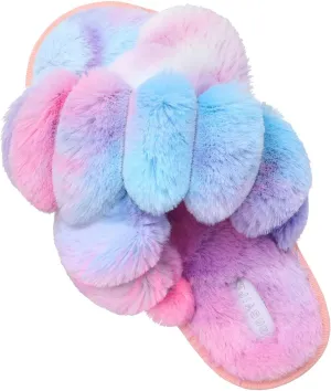 JIASUQI Women's Open Toe Slippers Fuzzy Fluffy House Slippers for Women Cozy Criss Cross Furry Slides Slippers