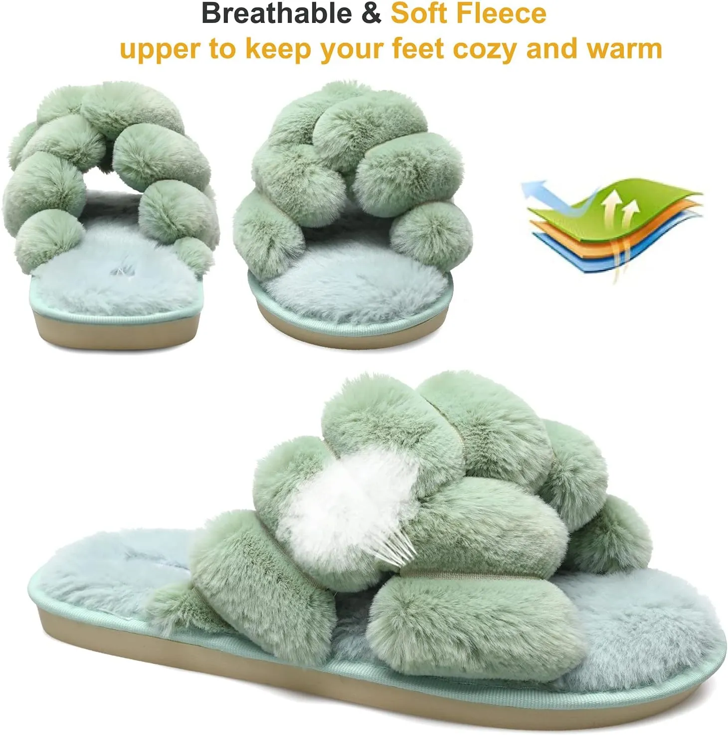 JIASUQI Women's Open Toe Slippers Fuzzy Fluffy House Slippers for Women Cozy Criss Cross Furry Slides Slippers