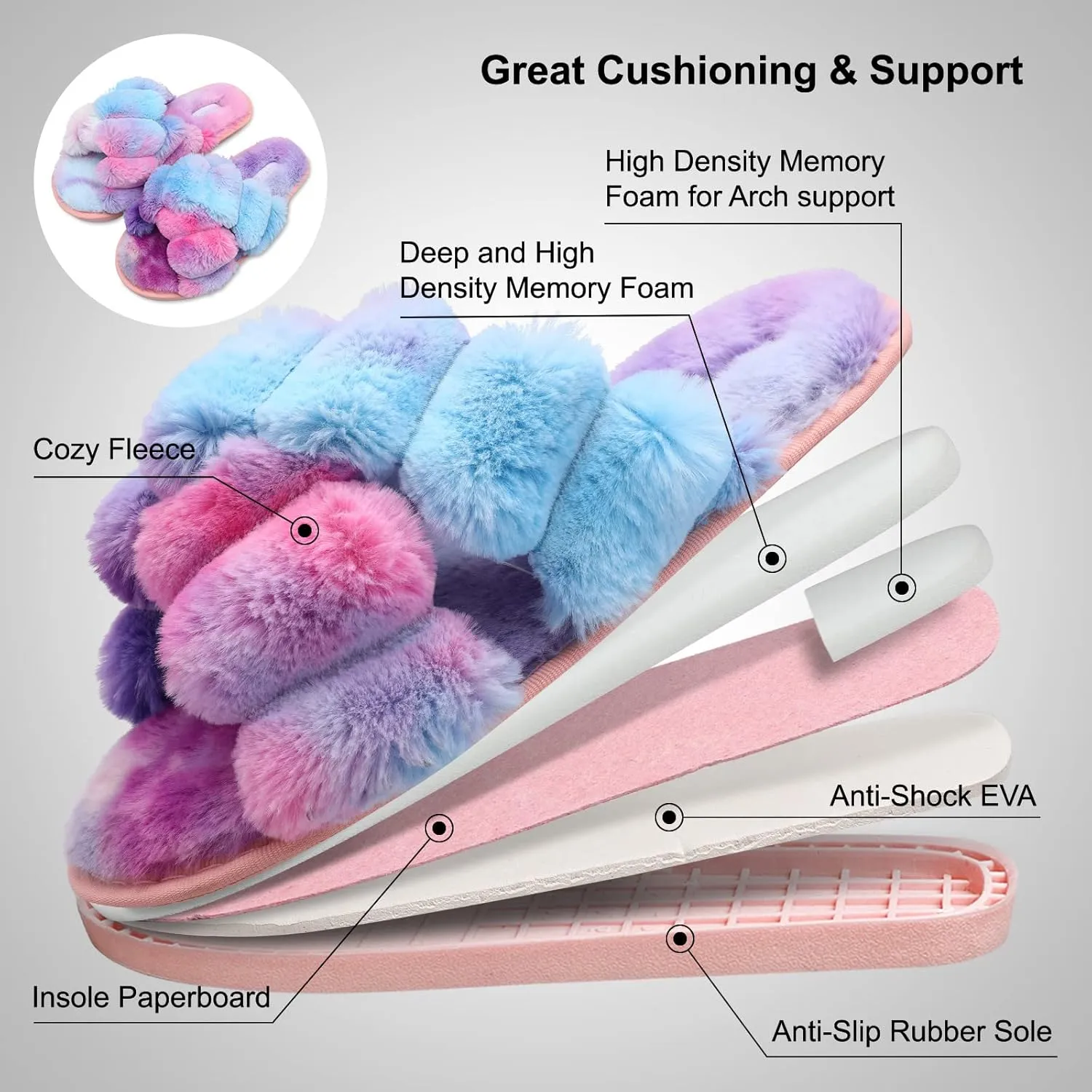 JIASUQI Women's Open Toe Slippers Fuzzy Fluffy House Slippers for Women Cozy Criss Cross Furry Slides Slippers