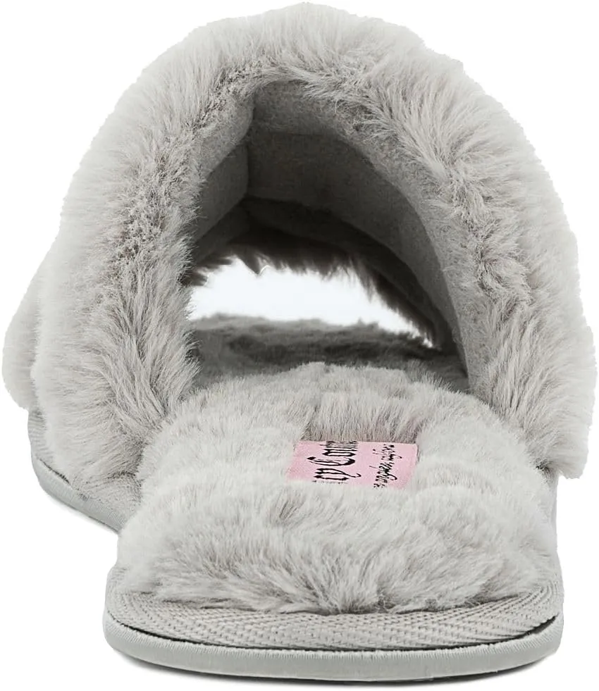Juicy Couture Women's Plush Faux Fur Slippers – Cozy Open-Toe Slides, Soft Indoor/Outdoor House Shoes