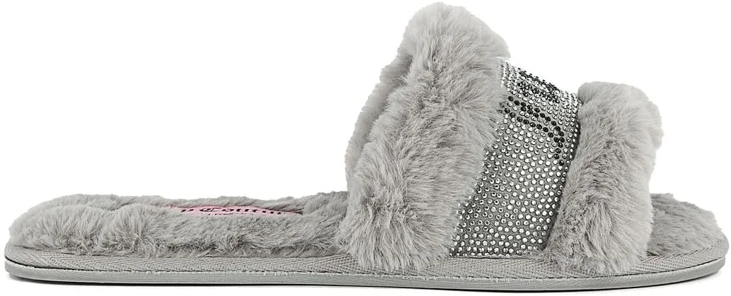 Juicy Couture Women's Plush Faux Fur Slippers – Cozy Open-Toe Slides, Soft Indoor/Outdoor House Shoes