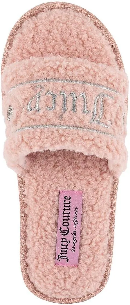 Juicy Couture Women's Plush Faux Fur Slippers – Cozy Open-Toe Slides, Soft Indoor/Outdoor House Shoes