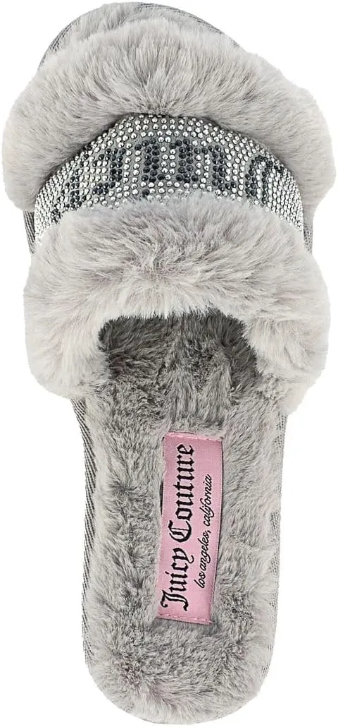 Juicy Couture Women's Plush Faux Fur Slippers – Cozy Open-Toe Slides, Soft Indoor/Outdoor House Shoes