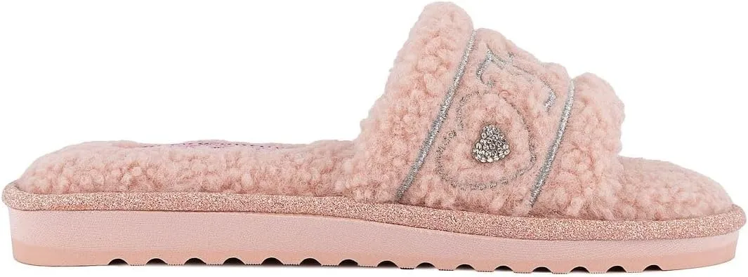 Juicy Couture Women's Plush Faux Fur Slippers – Cozy Open-Toe Slides, Soft Indoor/Outdoor House Shoes